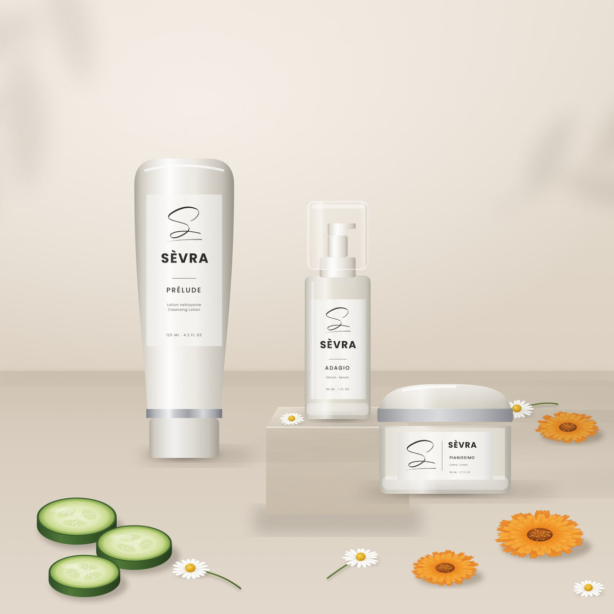 Sèvra Prélude, Adagio and Pianissimo with calendula flowers, chamomile and cucumber slices